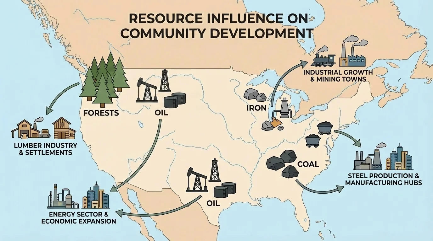 Regional resource map showing forests in the Pacific Northwest, coal in Appalachia, iron near the Great Lakes, and oil in Texas and Alberta