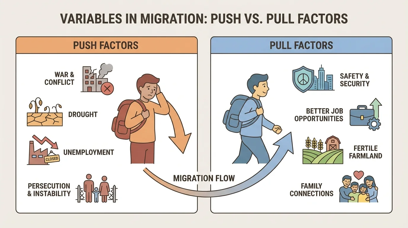 Two-column comparison chart with push factors on one side such as war, drought, and unemployment, and pull factors on the other side such as safety, jobs, farmland, and family connections