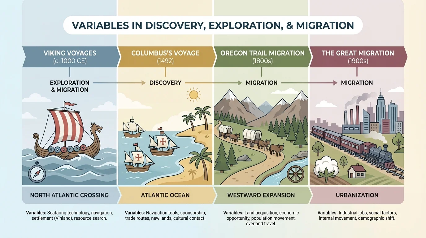 Timeline showing Vikings crossing the North Atlantic, Columbus in 1492, Oregon Trail migrations in the 1800s, and the Great Migration in the 1900s