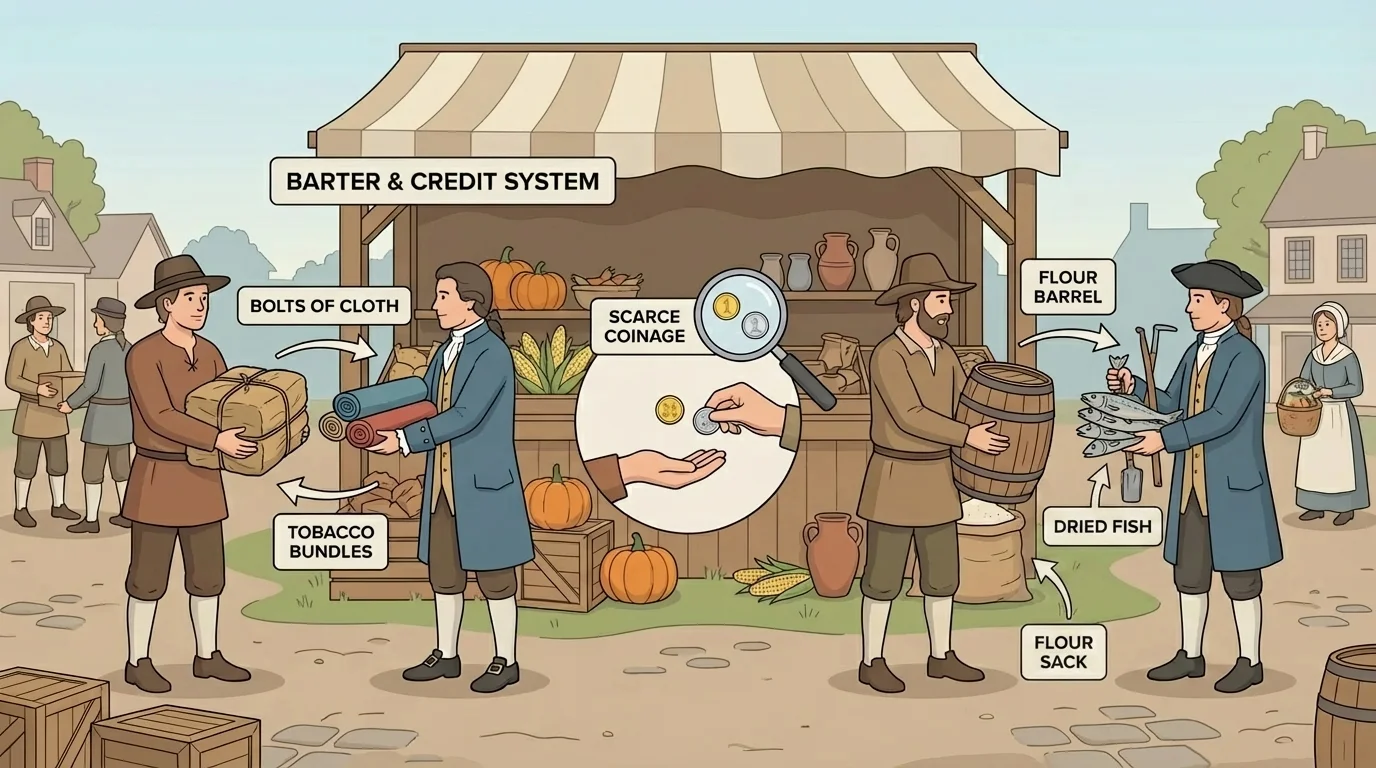 Colonial market scene with farmers, merchants, barrels of flour, tobacco bundles, bolts of cloth, and only a few gold and silver coins changing hands