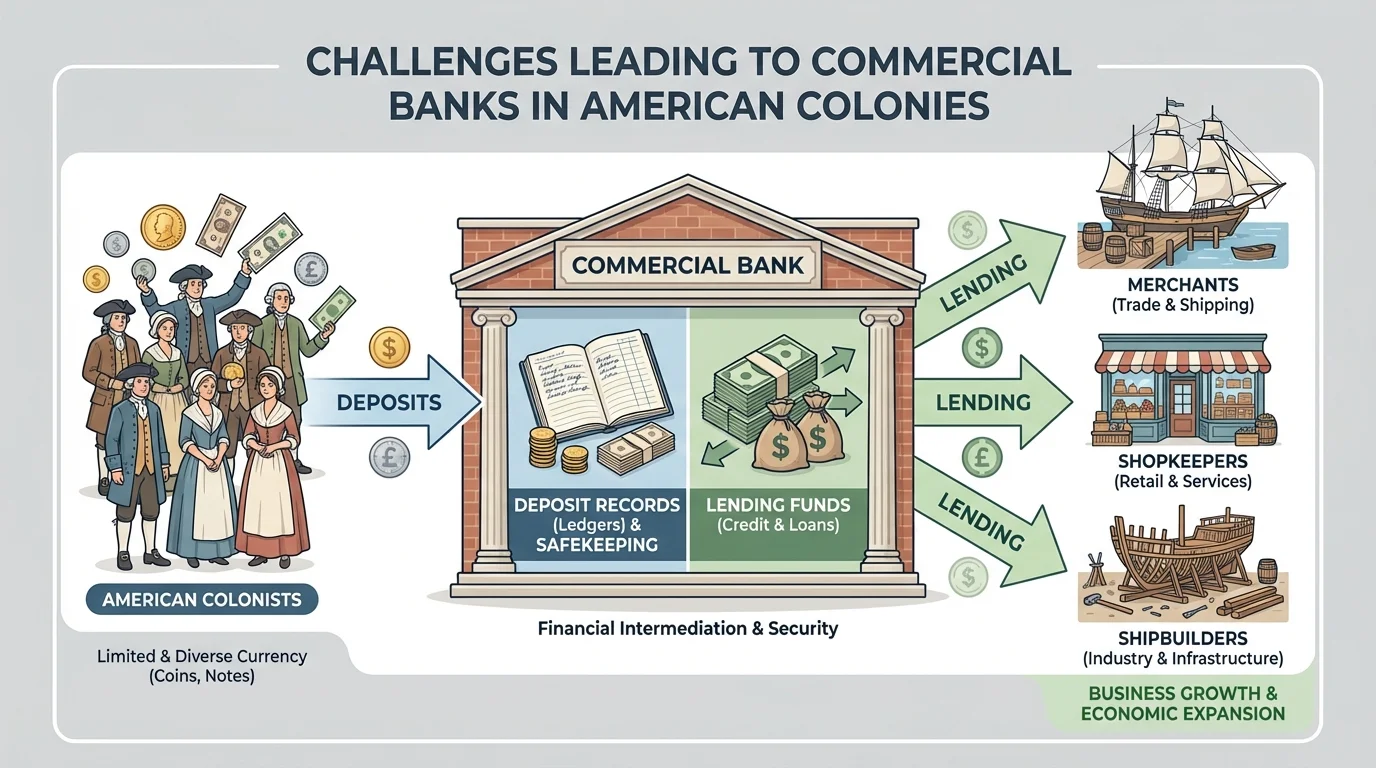 Flowchart showing colonists depositing coins and notes in a bank, the bank keeping records, and the bank lending funds to merchants, shopkeepers, and shipbuilders