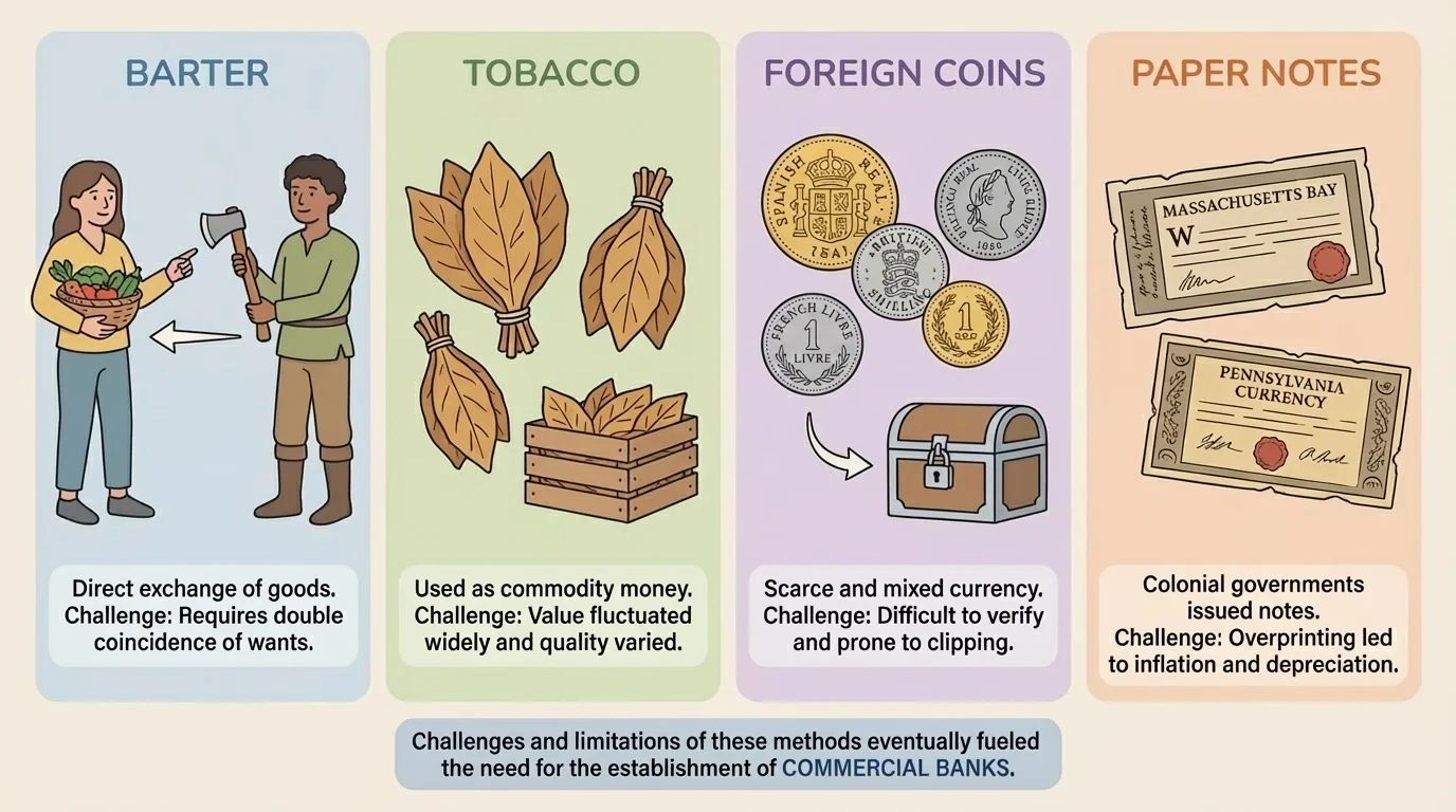 Comparison chart with four columns labeled barter, tobacco, foreign coins, and paper notes, each with simple drawings and short labels showing how colonists used them