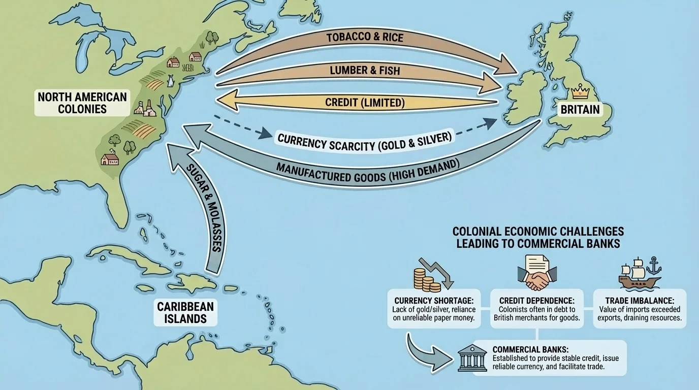 Simple Atlantic map showing the American colonies, Britain, and the Caribbean with arrows labeled tobacco, rice, lumber, fish, sugar, and manufactured goods