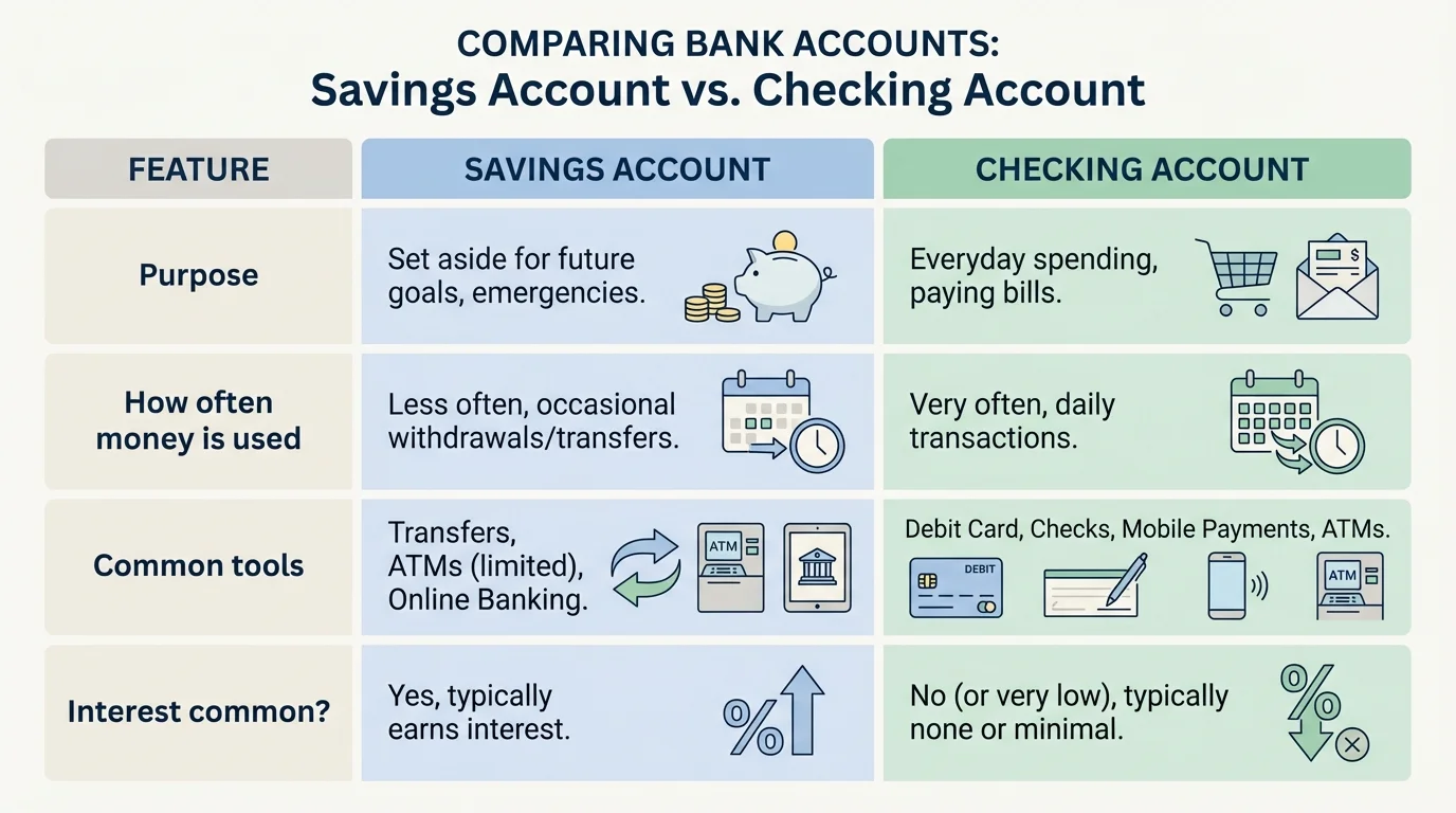 Comparison chart of savings account and checking account with rows for purpose, how often money is used, common tools, and whether interest is common