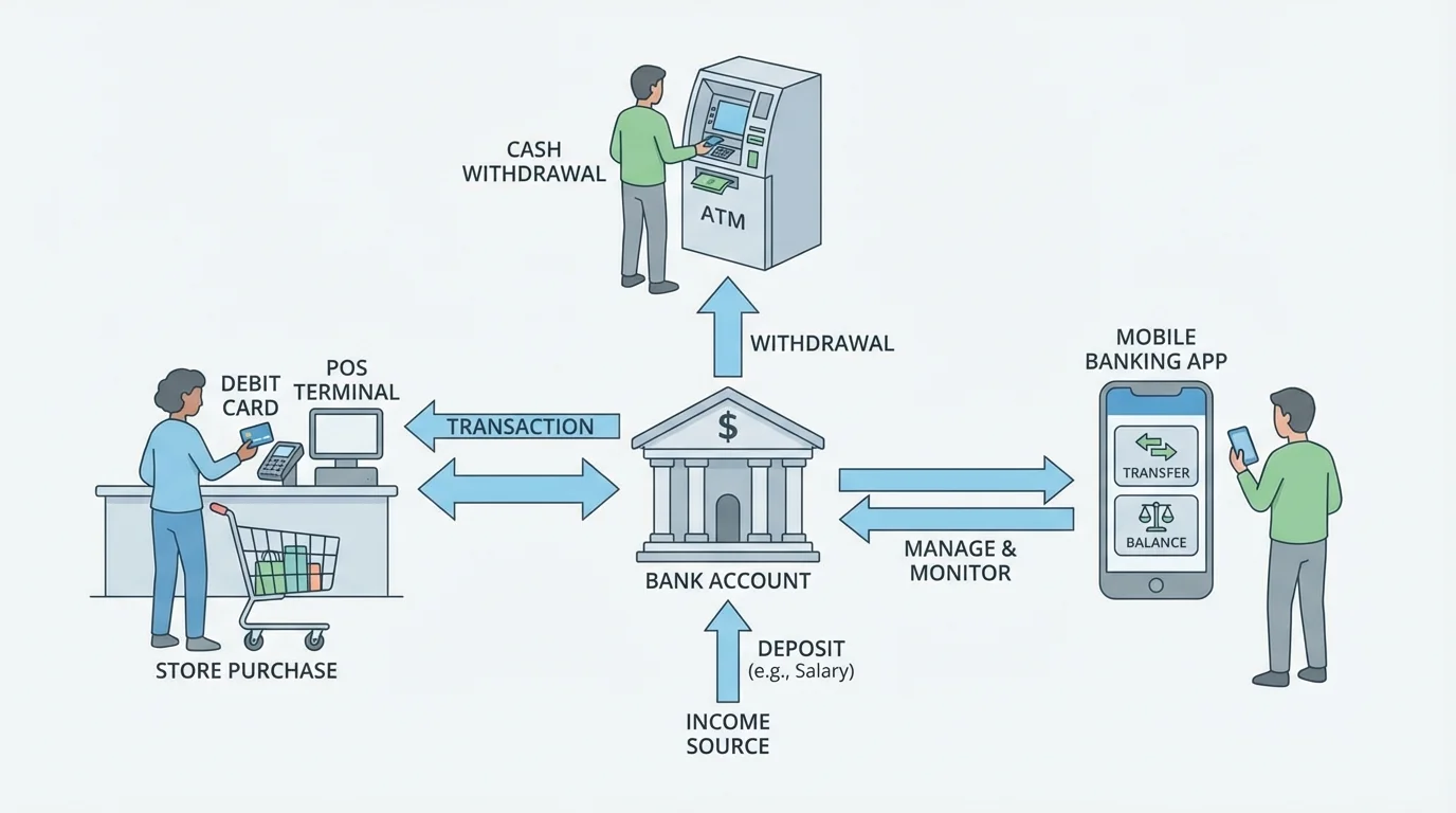 A family using one bank account through a debit card at a store, an ATM withdrawal, and a mobile banking app connected to the same account