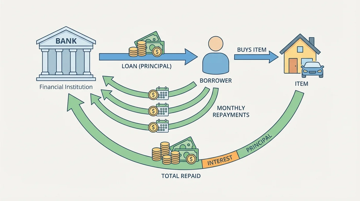 Bank gives a loan to a borrower, borrower buys an item, borrower repays in smaller monthly payments, and total repaid is greater because of interest