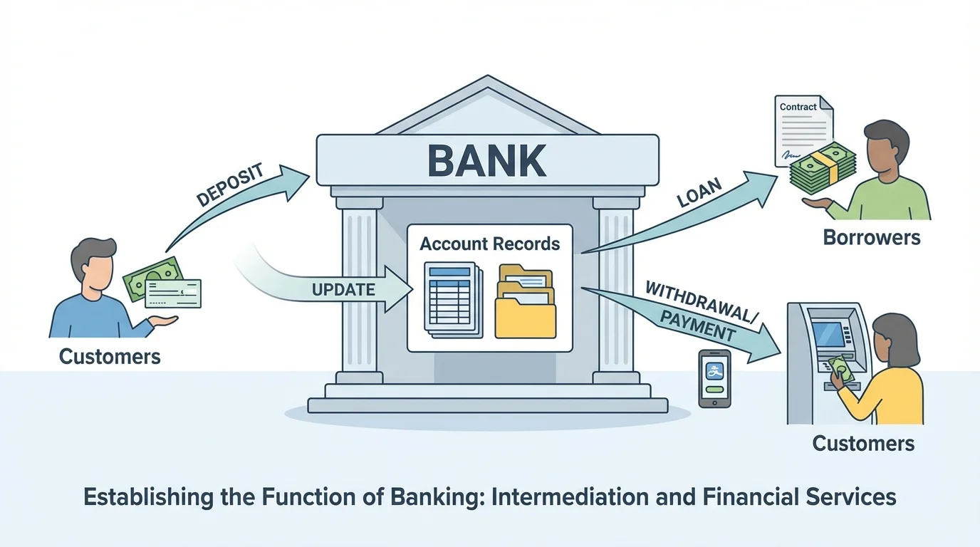 Customers depositing money into a bank, bank keeping account records, bank lending money to borrowers, and customers withdrawing cash or making electronic payments