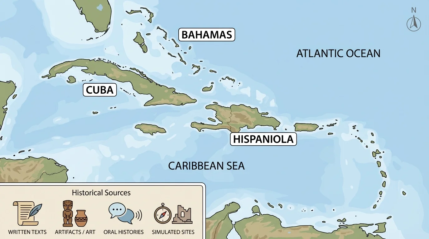 map of the Caribbean labeling Hispaniola, Cuba, and the Bahamas to support discussion of early contact between Europeans and Taíno peoples