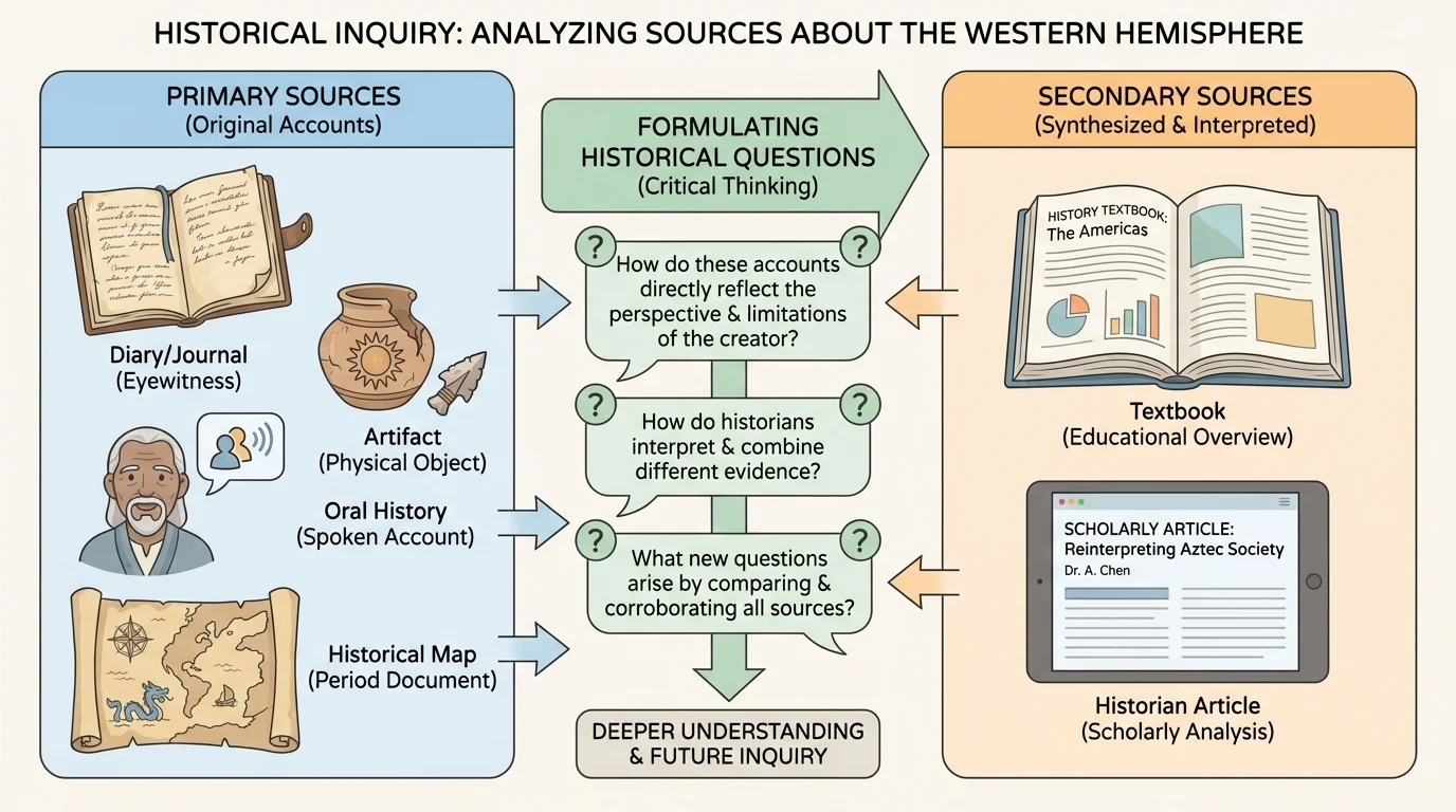 comparison chart with primary sources such as diary, artifact, oral history, map from the time, and secondary sources such as textbook and historian article