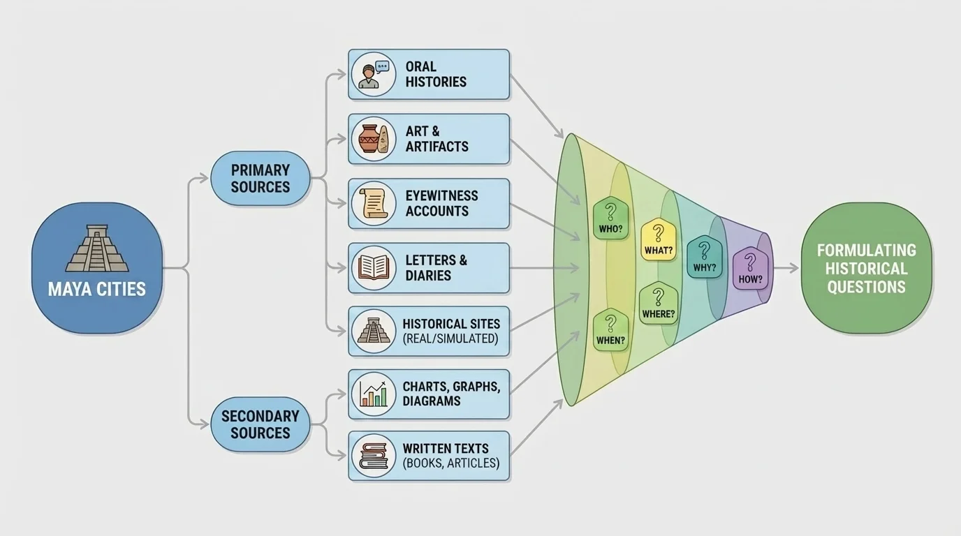 flowchart showing broad topic Maya cities narrowing into who, what, when, where, why, and how questions