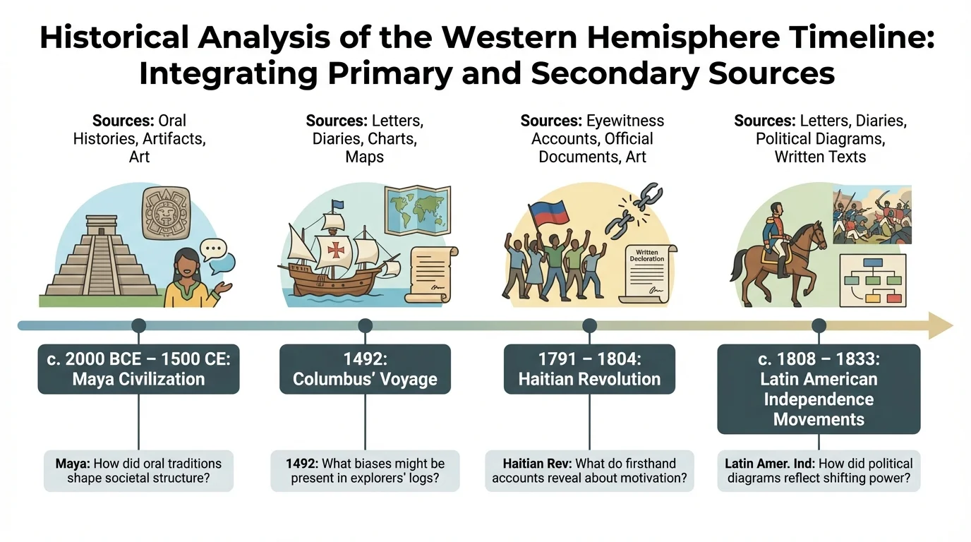 timeline marking Maya civilization, 1492 voyage, Haitian Revolution, and Latin American independence movements