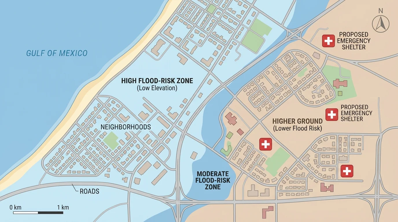 coastal Gulf of Mexico city map with flood-risk zones, higher ground, roads, neighborhoods, and proposed emergency shelter locations