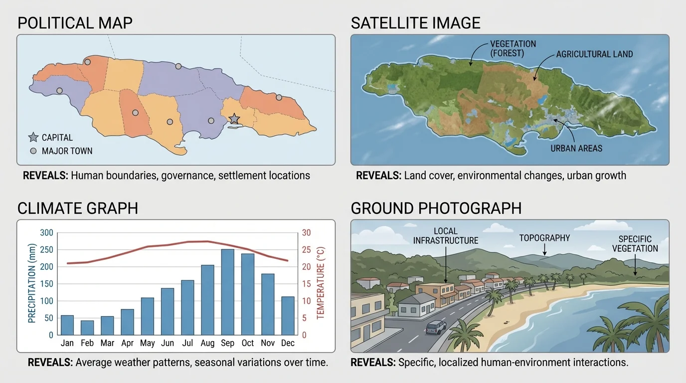 comparison of a Caribbean island shown by a political map, satellite image, climate graph, and ground photograph with short labels for what each source reveals