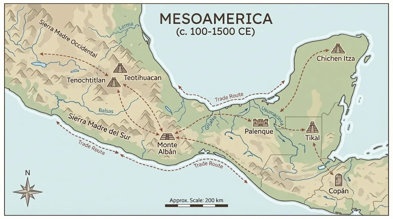 historical-style map of Mesoamerica with rivers, mountains, settlements, and trade routes connecting major centers