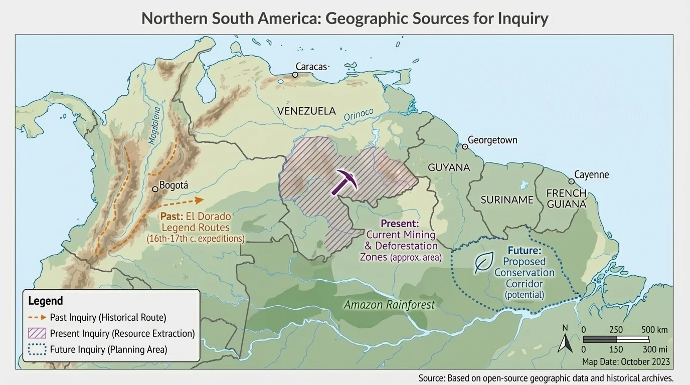 labeled map of northern South America showing title, legend, scale bar, compass rose, date, and source note