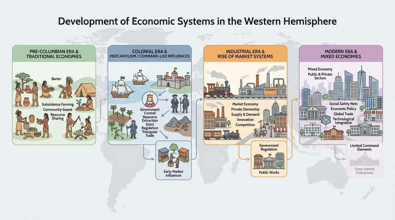 Busy urban market economy with shops, factories, trucks, banks, consumers, and trade links between buyers and sellers