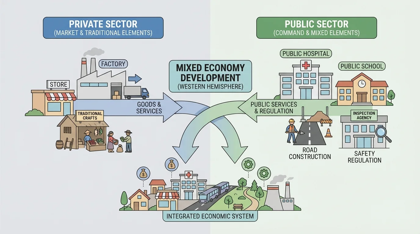 Split scene of mixed economy with private stores and factories on one side and public school, hospital, road construction, and safety inspection on the other