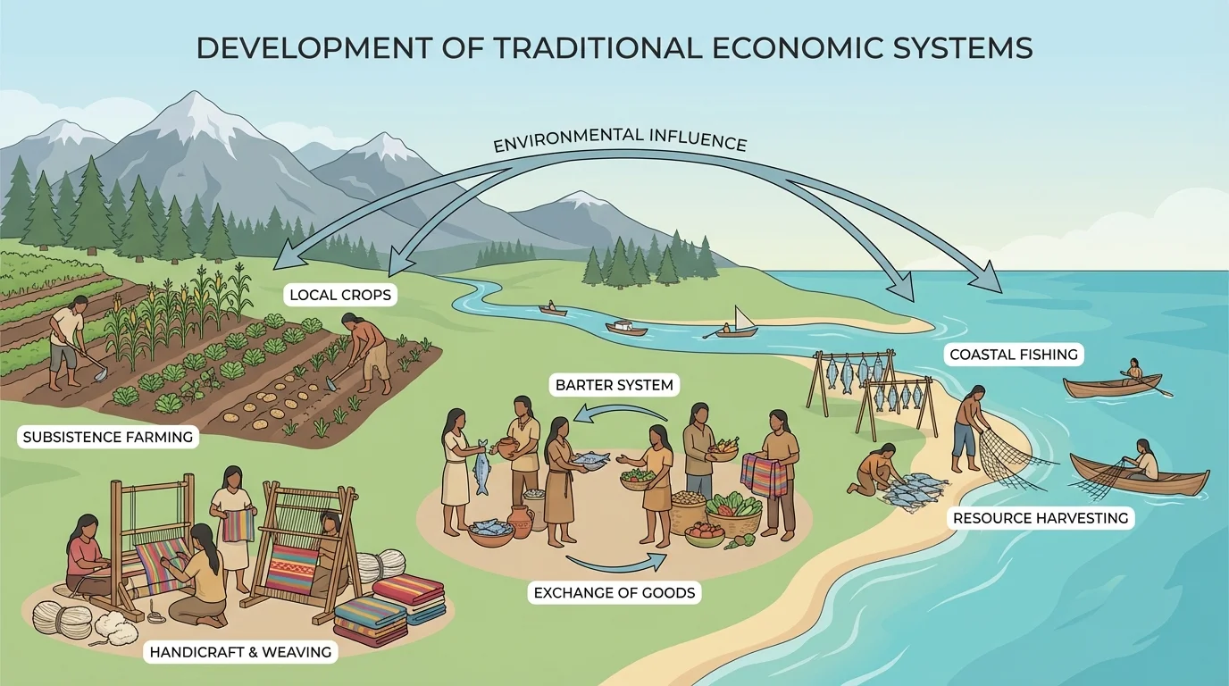 Indigenous or rural community using local resources through farming, fishing, weaving, and barter, with mountains or coastline showing how environment shapes work