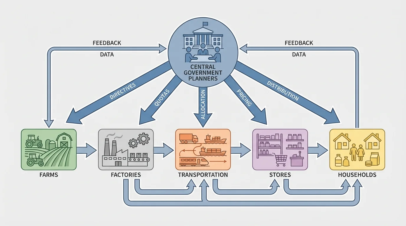 Central government planners directing farms, factories, transportation, stores, and households in a command economy