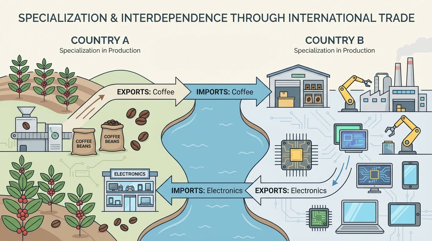 Two-country trade diagram with Country A producing coffee, Country B producing electronics, and arrows labeled exports and imports between them