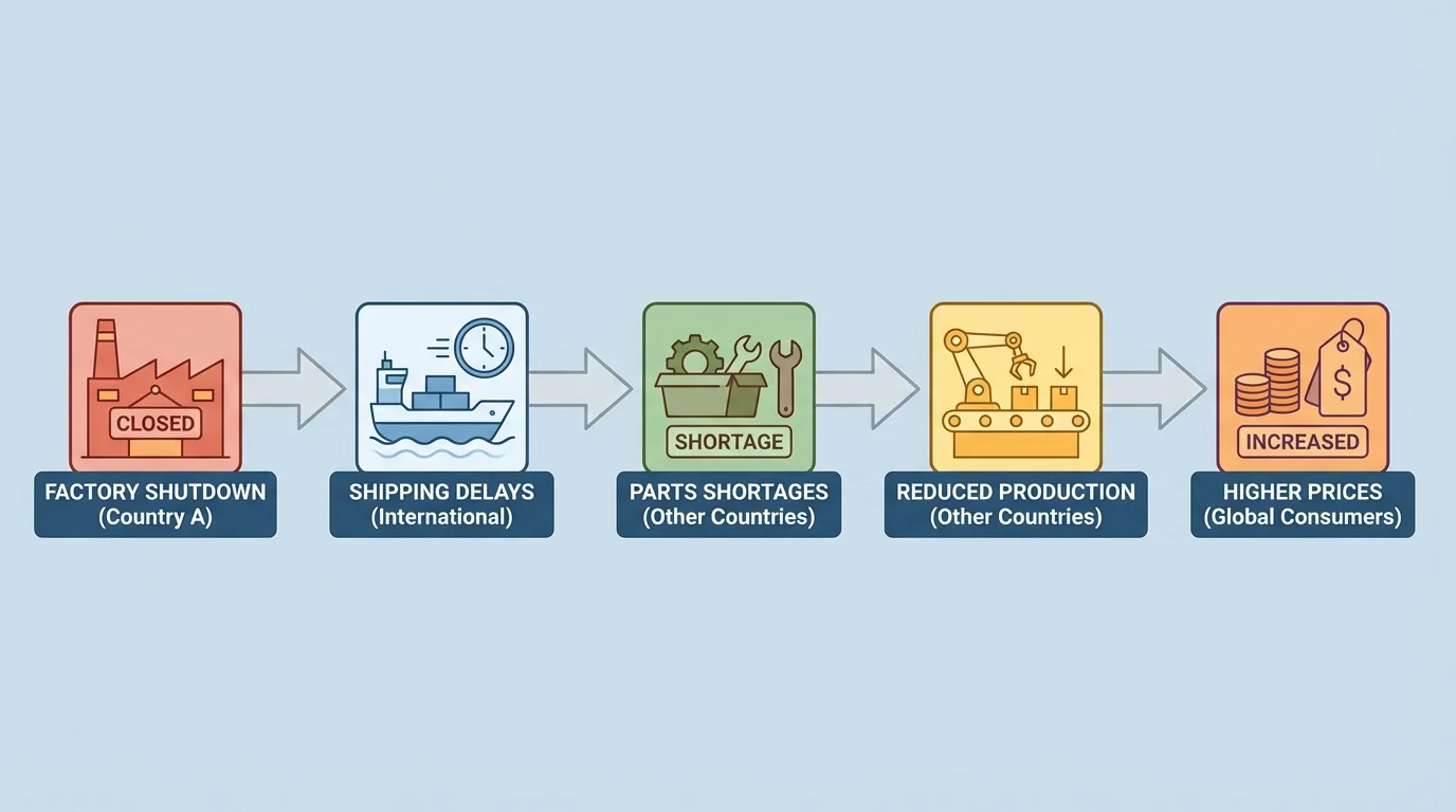 Flowchart showing factory shutdown in one country leading to shipping delays, parts shortages, reduced production in other countries, and higher prices for consumers