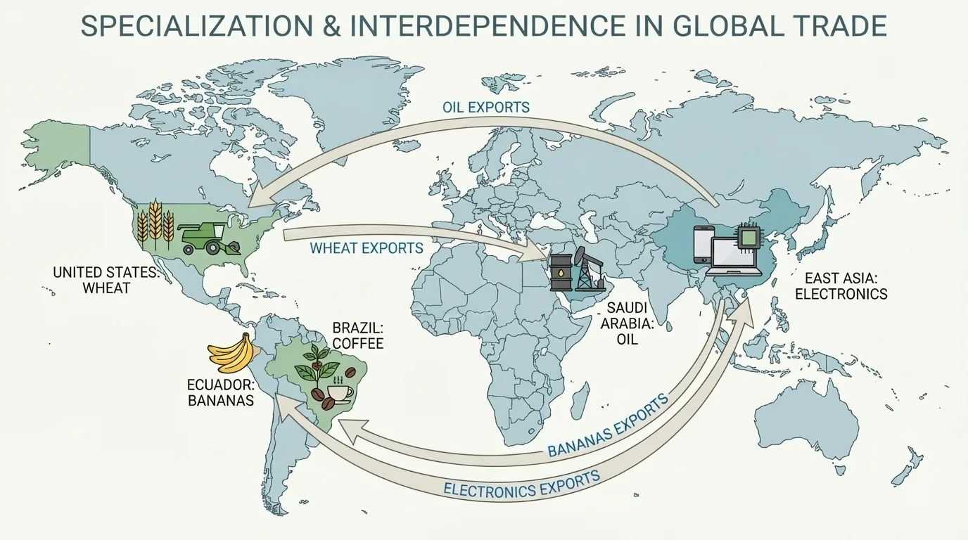 World map showing selected countries with key resources or products such as oil in Saudi Arabia, coffee in Brazil, wheat in the United States, bananas in Ecuador, and electronics in East Asia