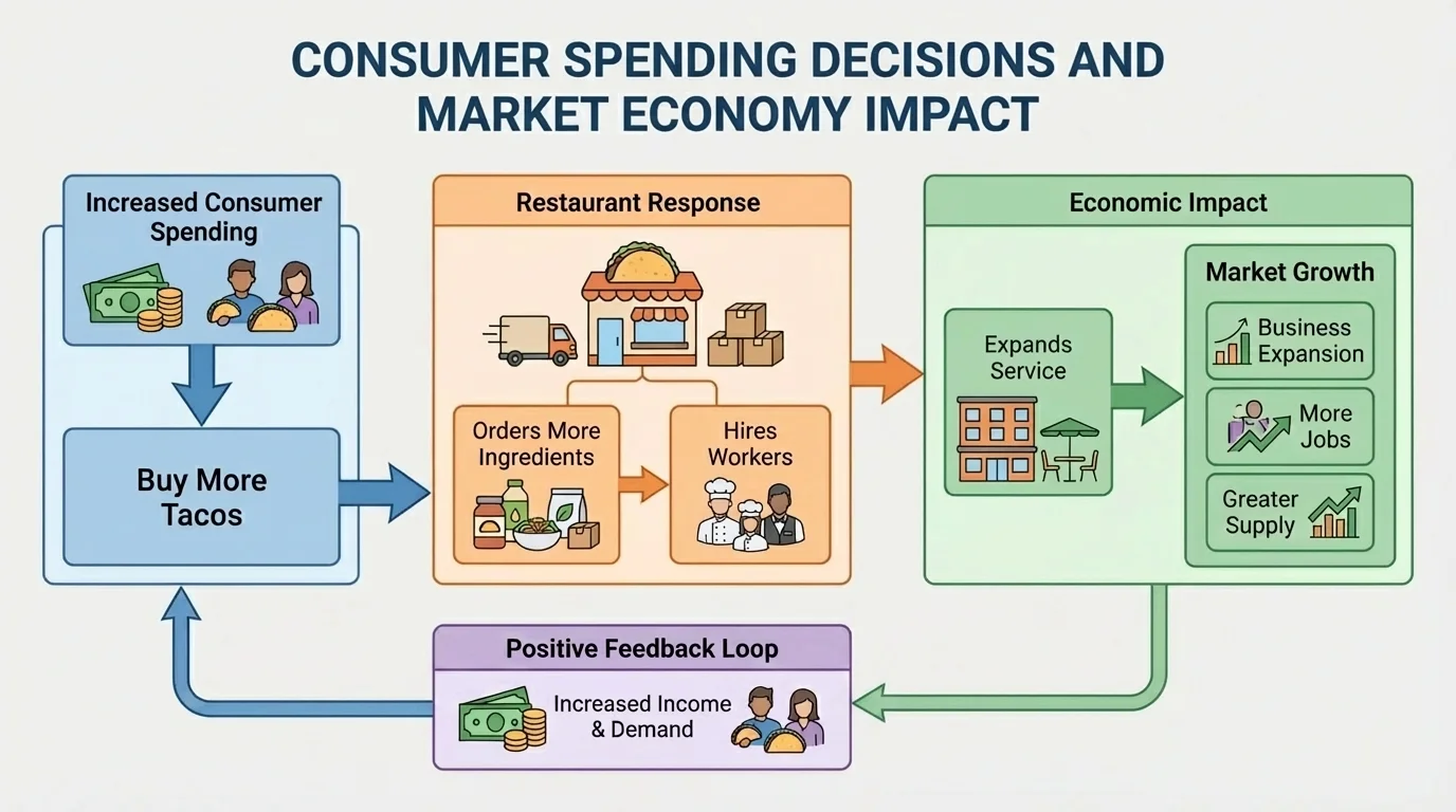 Flowchart showing consumers buy more tacos, restaurant orders more ingredients, hires workers, and expands service