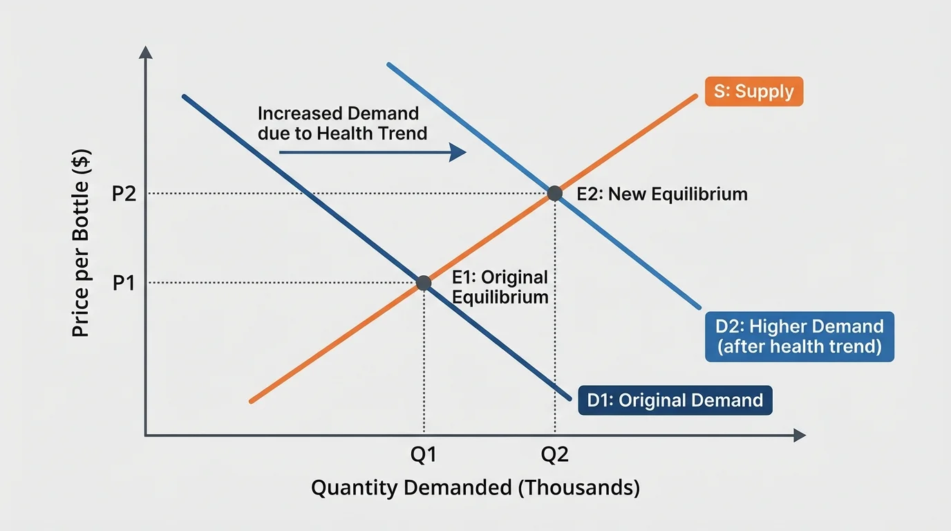 Two demand curves for reusable water bottles, original demand and increased demand after a health trend, labeled higher demand