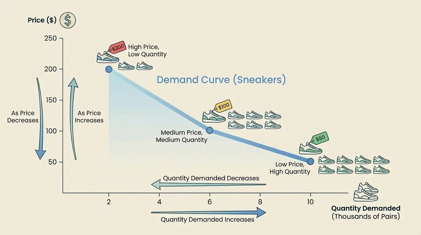 Line graph with price on vertical axis, quantity demanded on horizontal axis, and a downward-sloping demand curve for sneakers