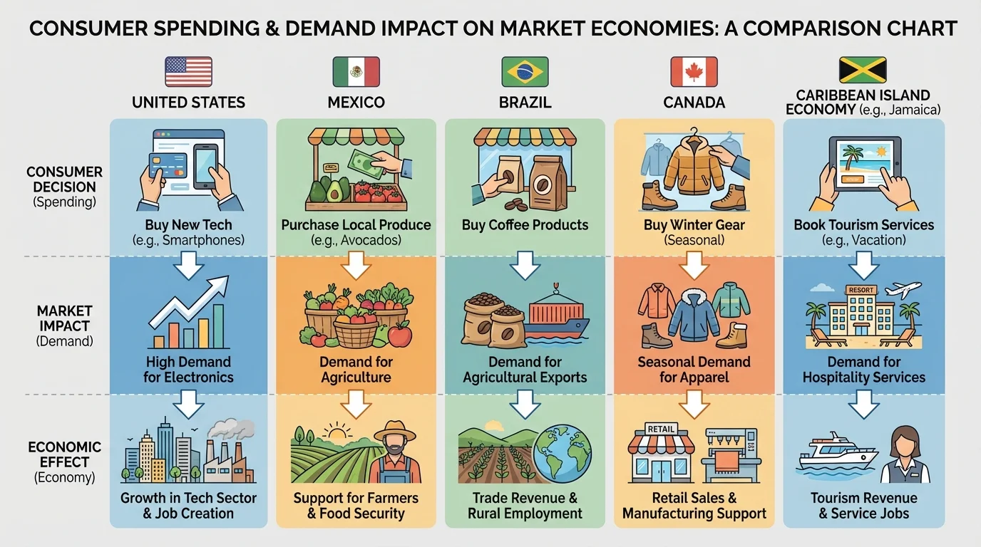 Comparison chart with examples of consumer demand in the United States, Mexico, Brazil, Canada, and a Caribbean island economy