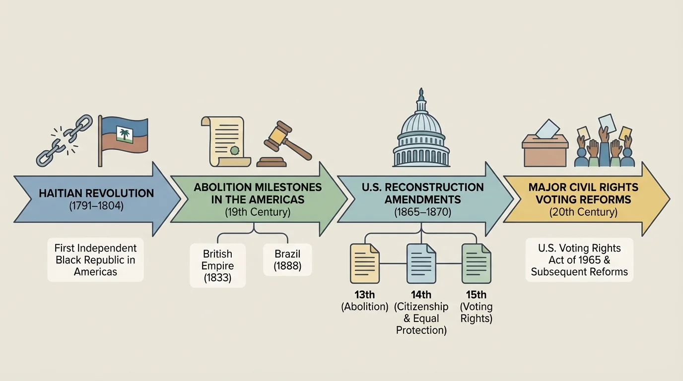 timeline with Haitian Revolution, abolition milestones in the Americas, U.S. Reconstruction amendments, and major civil rights voting reforms
