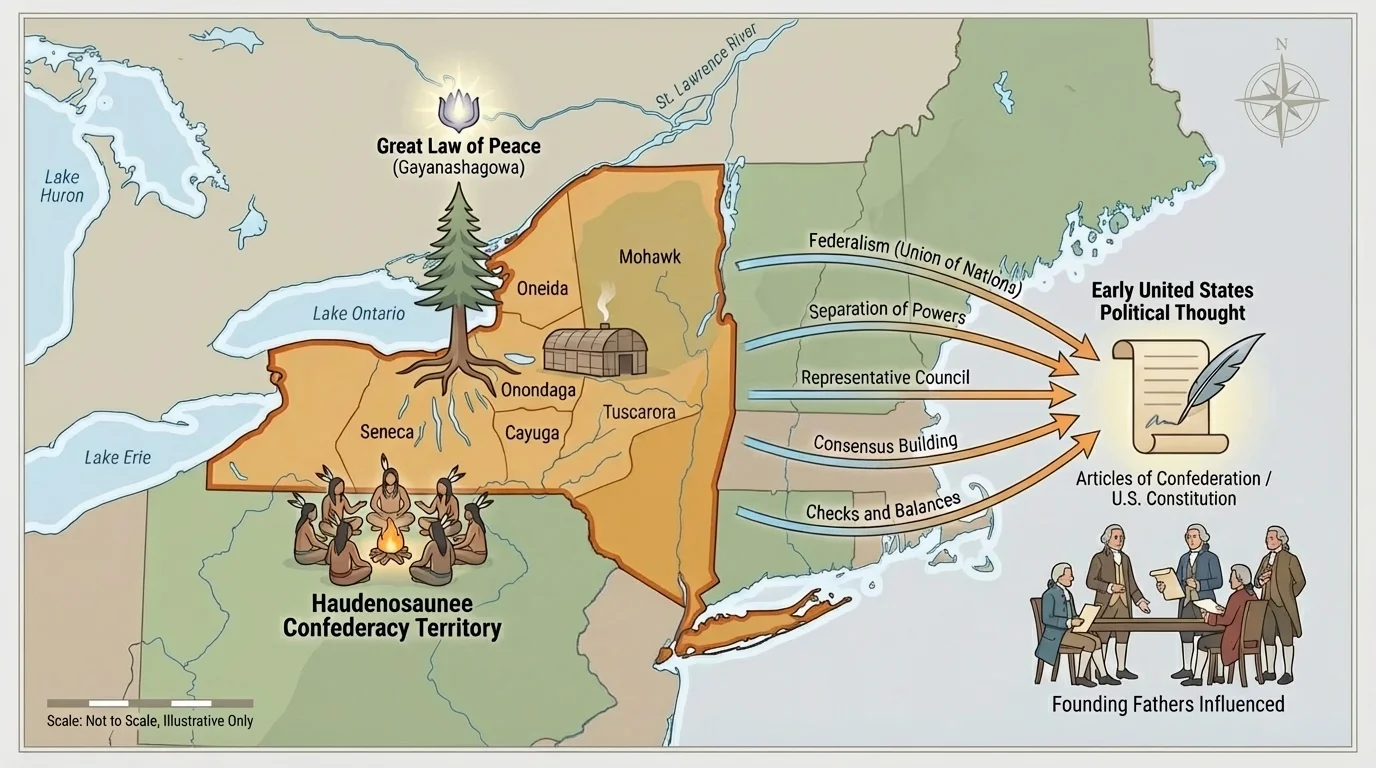map of northeastern North America showing Haudenosaunee Confederacy territory with council symbols and arrows connecting its shared governance ideas to early United States political thought