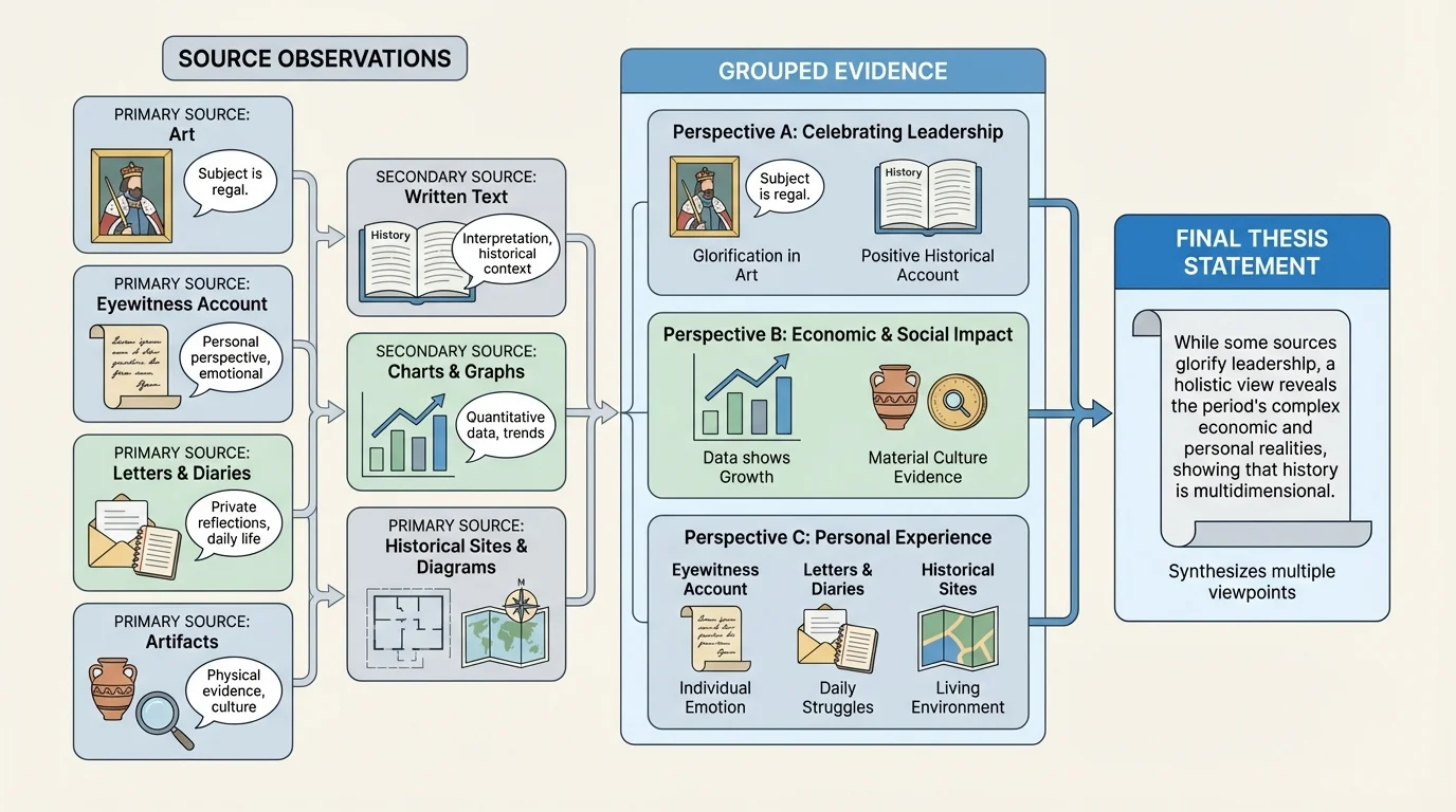 moving from source observations to grouped evidence to a final thesis statement