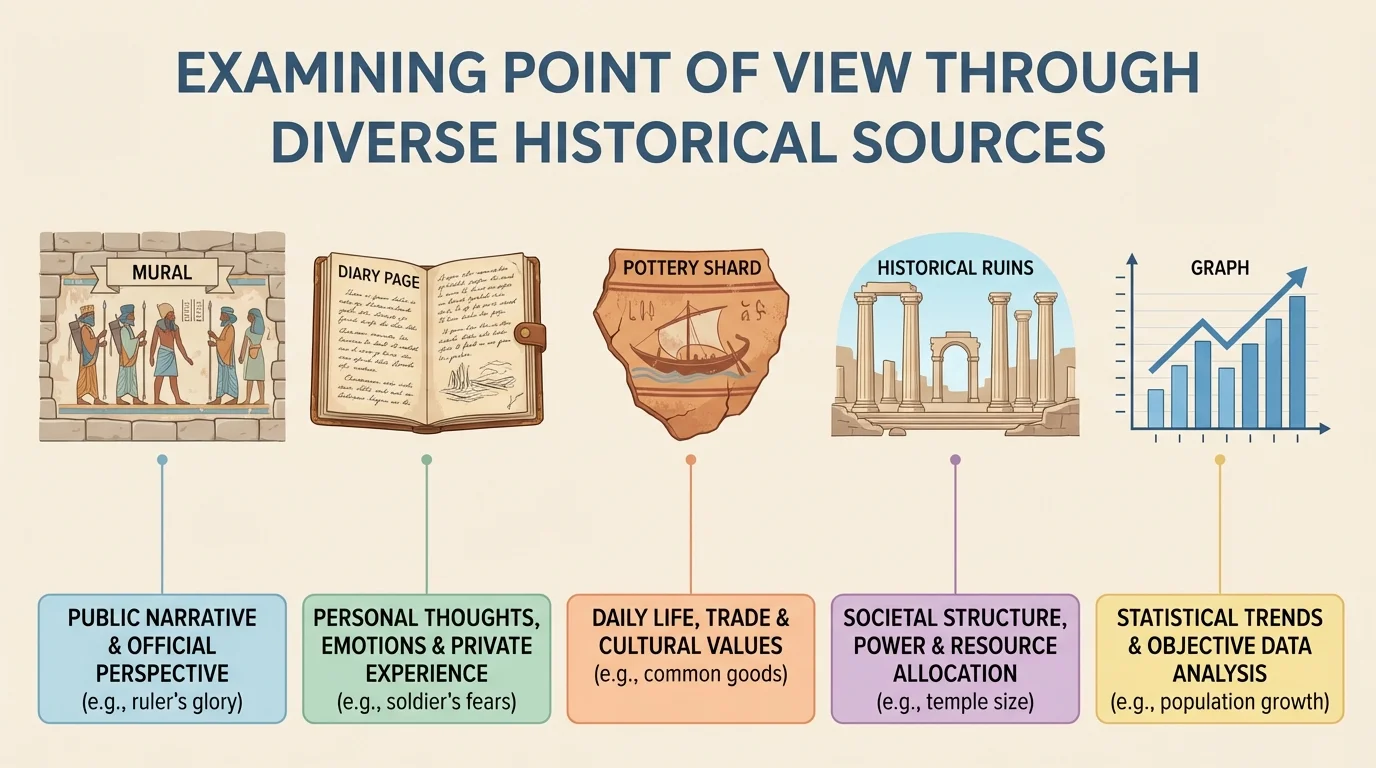 mural, diary page, pottery shard, historical ruins, and a graph, each labeled with the kind of information historians can learn from it