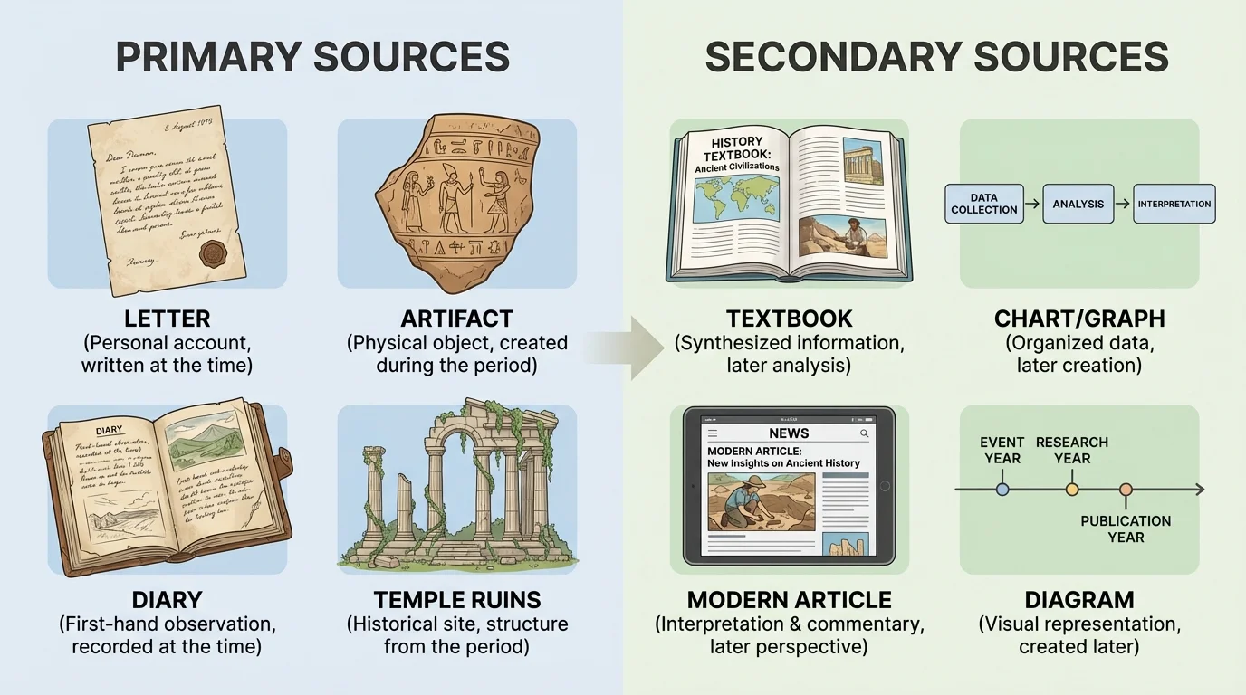 comparison chart showing a letter, diary, artifact, temple ruins, textbook, and modern article labeled as primary or secondary sources