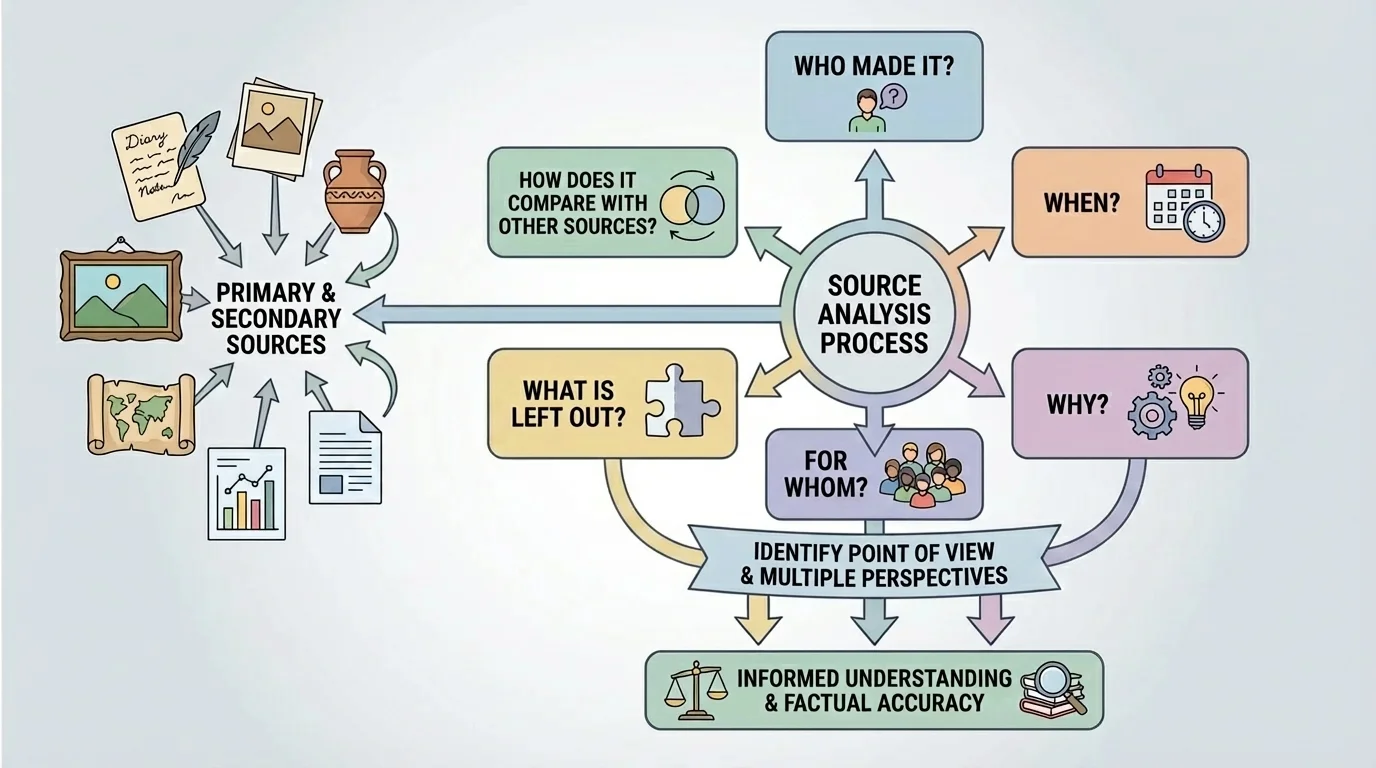 source-analysis process with boxes labeled Who made it, When, Why, For whom, What is left out, and How does it compare with other sources