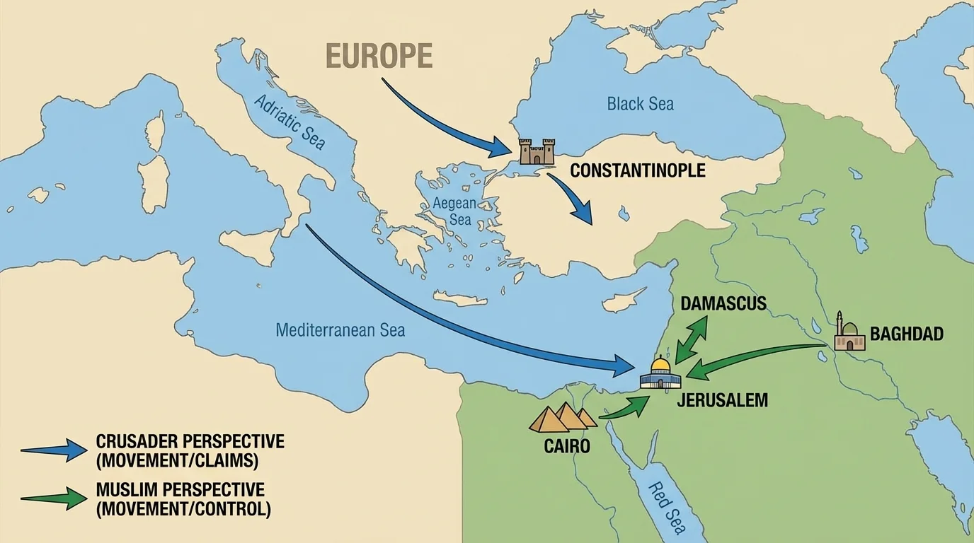 simple eastern Mediterranean map with Jerusalem, Europe, Constantinople, and major Muslim centers to show the regions involved in Crusader and Muslim perspectives