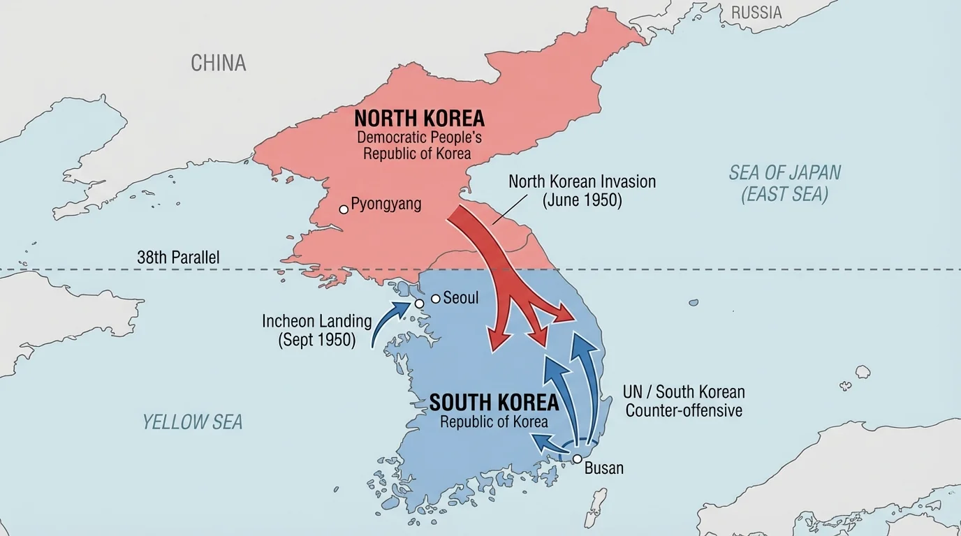 map of the Korean Peninsula showing North Korea, South Korea, the 38th parallel, and movement arrows during the early Korean War