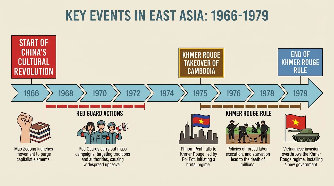 timeline from 1966 to 1979 showing start of China's Cultural Revolution, Red Guard actions, Khmer Rouge takeover of Cambodia in 1975, and end of Khmer Rouge rule in 1979
