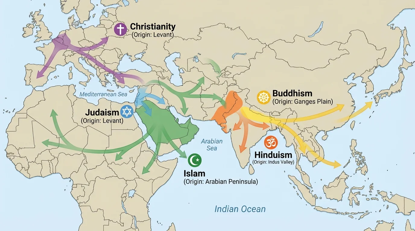 map showing origin regions and spread arrows for Hinduism, Buddhism, Judaism, Christianity, and Islam across Asia, the Middle East, North Africa, and parts of Europe