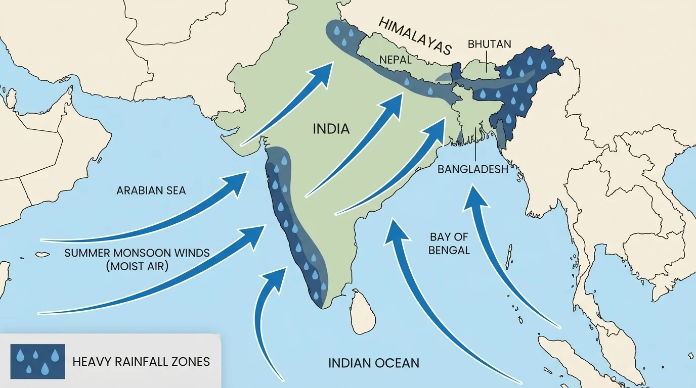 South Asia map with summer monsoon wind arrows blowing from the Indian Ocean onto land and shaded heavy rainfall zones over India and Bangladesh