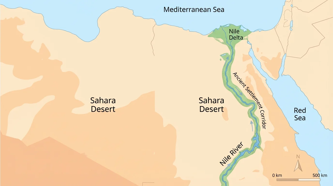 northeastern Africa map highlighting the Nile River, Nile Delta, surrounding Sahara Desert, and main ancient settlement corridor