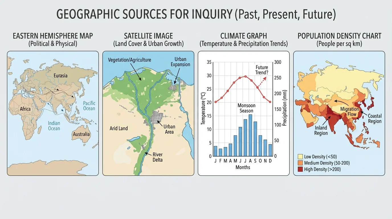 classroom-style display of an Eastern Hemisphere map, a satellite image, a climate graph, and a population density chart side by side with short labels