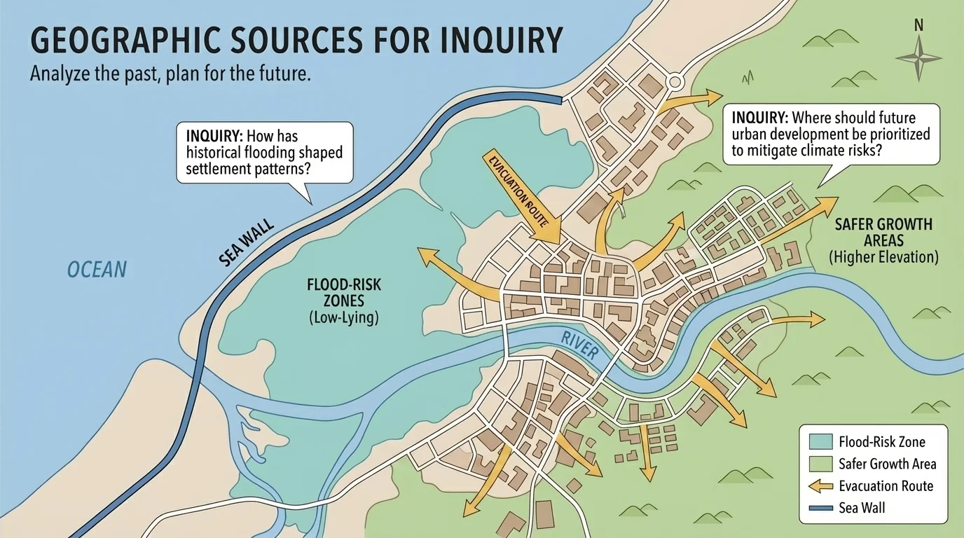coastal Asian city map showing low-lying flood-risk zones, a sea wall, evacuation route, and higher-elevation neighborhoods marked as safer growth areas