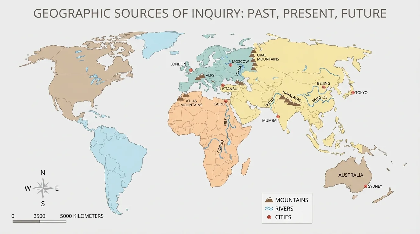 labeled Eastern Hemisphere map with title, legend, compass rose, scale bar, and simple symbols for mountains, rivers, and cities