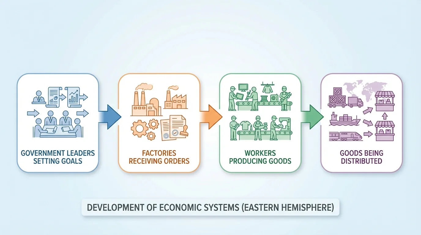 flowchart showing government leaders setting goals, factories receiving orders, workers producing goods, and goods being distributed