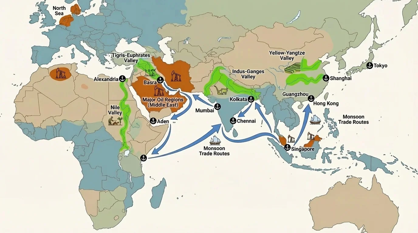 map of Eastern Hemisphere highlighting fertile river valleys, oil regions, monsoon trade routes, and major ports