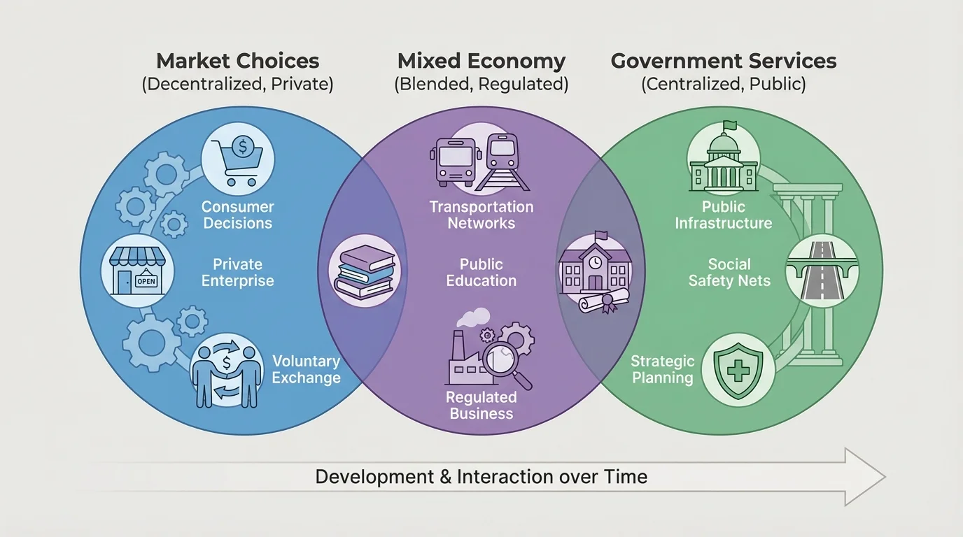 diagram with one side market choices, one side government services, and middle overlap showing mixed economy examples like transport, schools, and regulated business