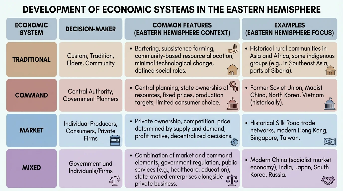 chart comparing traditional, command, market, and mixed systems by decision-maker, common features, and examples