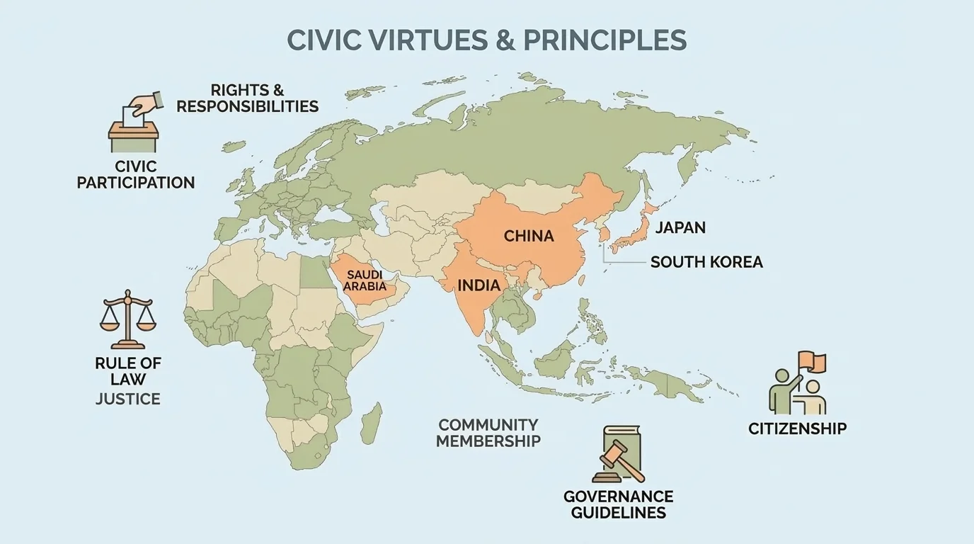 map of the Eastern Hemisphere highlighting India, Japan, South Korea, Saudi Arabia, and China